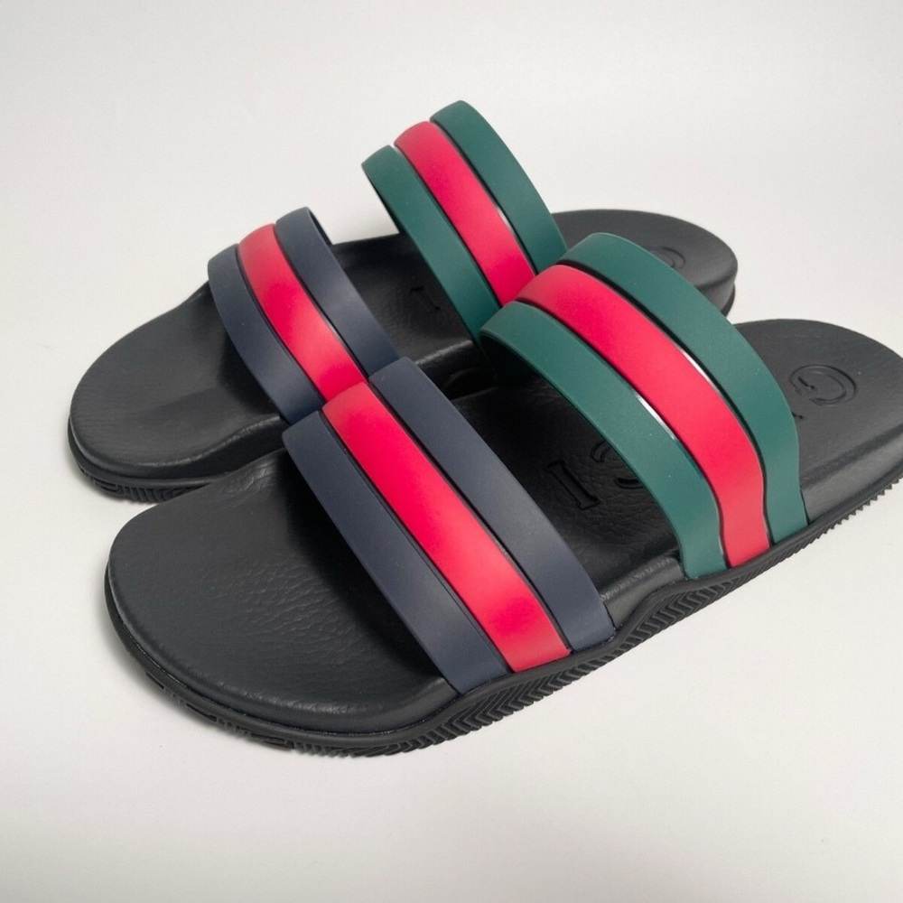 Gucci Black and Green Slide Sandals with Striped Design